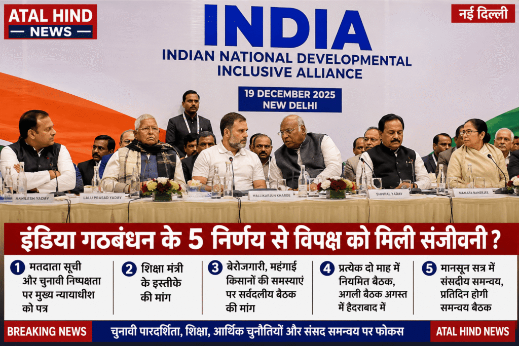 अटल हिन्द न्यूज द्वारा तैयार ग्राफिक में INDIA गठबंधन की बैठक का दृश्य दिखाया गया है, जिसमें राहुल गांधी, मल्लिकार्जुन खड़गे, ममता बनर्जी, अखिलेश यादव और अन्य विपक्षी नेता एक मंच पर मौजूद हैं। बैकग्राउंड में ‘INDIA (Indian National Developmental Inclusive Alliance)’ लिखा हुआ है। नीचे 5 प्रमुख निर्णयों का सार दिया गया है और ‘INDIA गठबंधन के 5 निर्णय से विपक्ष को मिली संजीवनी?’ शीर्षक के साथ ब्रेकिंग न्यूज स्टाइल लेआउट दिखाया गया है।”