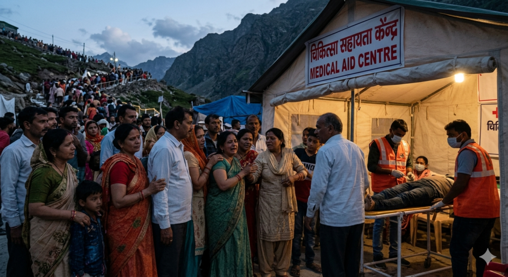 आस्था के महाकुंभ में ‘मौत का गणित’ और सिस्टम की खामोशी "चारधाम यात्रा मार्ग पर स्थित एक मेडिकल एड सेंटर (चिकित्सा सहायता केंद्र) का दृश्य, जहाँ स्वास्थ्य कर्मी एक बीमार श्रद्धालु को स्ट्रेचर पर उपचार दे रहे हैं, जबकि पास में खड़े परिवार के लोग चिंतित दिखाई दे रहे हैं और पृष्ठभूमि में पहाड़ों की ओर जाते श्रद्धालुओं की कतार देखी जा सकती है।"