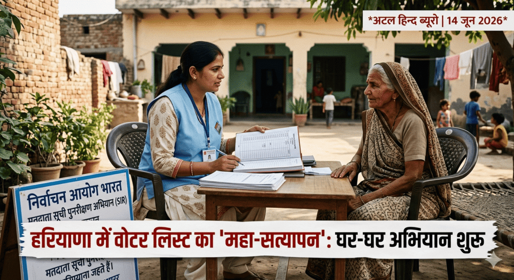 एक समाचार फोटो जिसमें हरियाणा में एक महिला बूथ लेवल ऑफिसर (BLO) एक बुजुर्ग महिला को मतदाता सूची सत्यापन (SIR) के लिए एक सरकारी फॉर्म भरने में मदद कर रही है। दोनों एक घर के आंगन में बैठी हैं और अधिकारी के पास कई अन्य दस्तावेज हैं। ऊपर समाचार के लिए हिंदी हेडलाइन और 'अटल हिन्द' लोगो दिख रहा है।