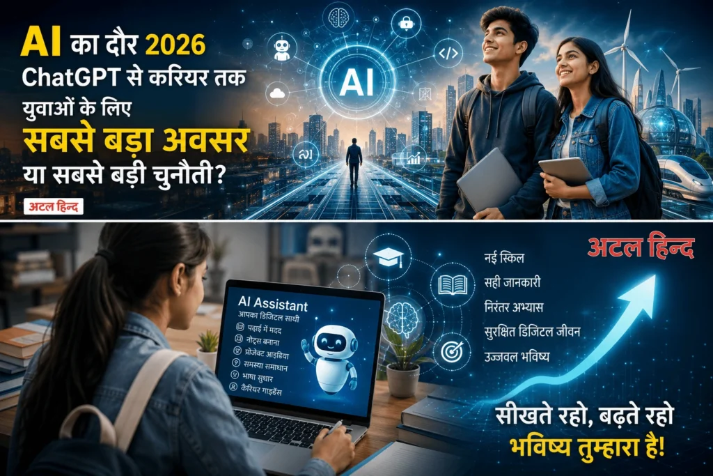एक आधुनिक भारतीय कॉलेज छात्र और छात्रा लैपटॉप पर AI असिस्टेंट का उपयोग करते हुए, स्क्रीन पर डिजिटल नेटवर्क, रोबोटिक आइकन, डेटा विज़ुअलाइज़ेशन, भविष्य की टेक्नोलॉजी, नीले और सुनहरे रंग का प्रोफेशनल न्यूज़-स्टाइल बैकग्राउंड, प्रेरणादायक और यथार्थवादी दृश्य