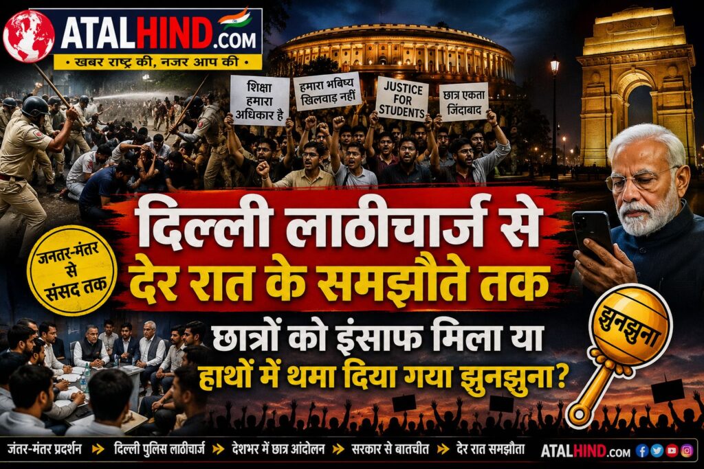 दिल्ली में छात्र आंदोलन, जंतर-मंतर से संसद तक प्रदर्शन, पुलिस कार्रवाई और देर रात हुई वार्ता को दर्शाता ATALHIND.COM का समाचार पोस्टर, जिसमें संसद भवन, इंडिया गेट, प्रदर्शनकारी छात्र, पुलिस बल और 'दिल्ली लाठीचार्ज से देर रात के समझौते तक: छात्रों को इंसाफ मिला या हाथों में थमा दिया गया झुनझुना?' शीर्षक प्रमुखता से प्रदर्शित है।