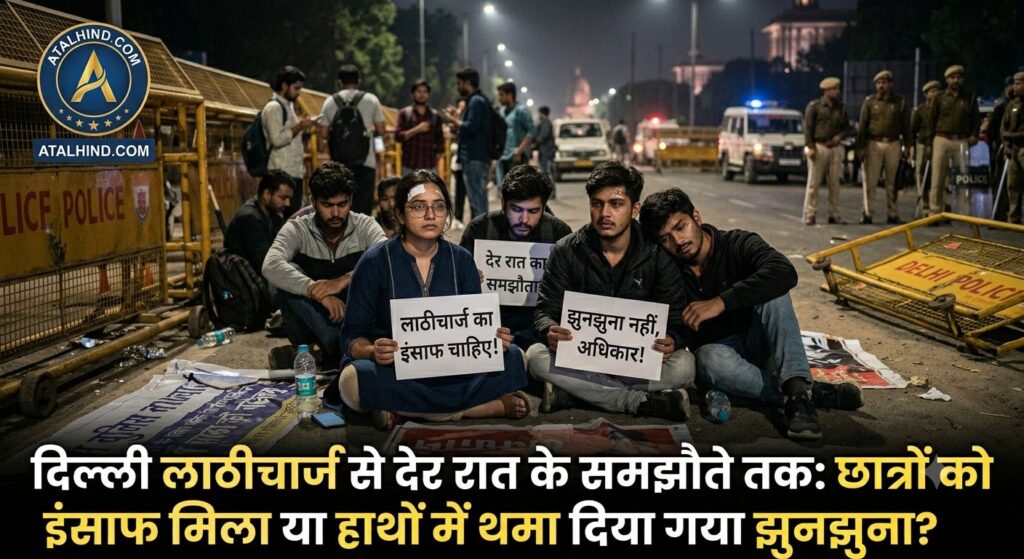 दिल्ली जंतर मंतर लाठीचार्ज के बाद सड़कों पर प्रदर्शन करते घायल छात्र, पोस्टर और अटल हिन्द न्यूज़ वाटरमार्क।