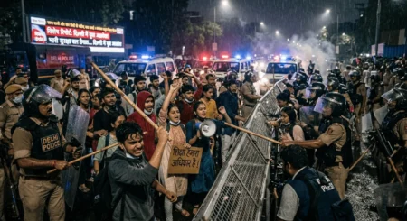 दिल्ली की सड़क पर बैरिकेड्स के पास नारेबाजी करते युवा विद्यार्थी, हाथ में शिक्षा अधिकार का बोर्ड और सामने तैनात पुलिस बल की रात की विशेष रिपोर्ट तस्वी
