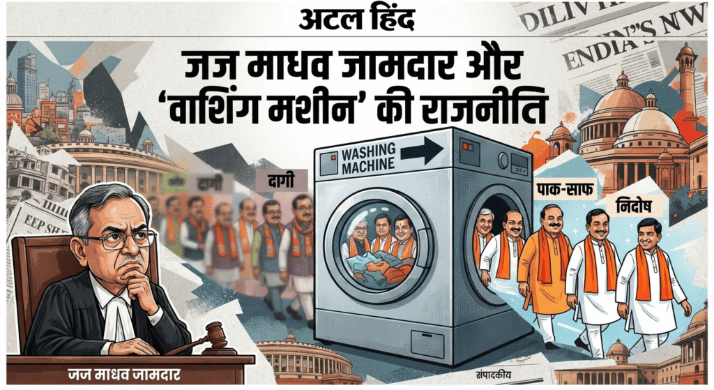 जज माधव जामदार और ‘वाशिंग मशीन’ की राजनीति इसमें 'अटल हिंद' लोगो के साथ-साथ मुख्य हेडलाइन "जज माधव जामदार और 'वाशिंग मशीन' की राजनीति" को हिंदी में स्पष्ट रूप से दिखाया गया है। चित्र में न्यायपालिका के परिप्रेक्ष्य को दर्शाने के लिए जज की एक कैरिकेचर छवि और राजनीतिक व्यंग्य को उजागर करती हुई एक 'वाशिंग मशीन' का कॉन्सेप्ट शामिल है।