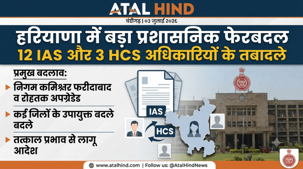 सरकार ने 12 IAS और 3 HCS अधिकारियों का किया तबादला। नगर निगम फरीदाबाद और रोहतक के कमिश्नर पदों का प्रशासनिक कद बढ़ाया गया।