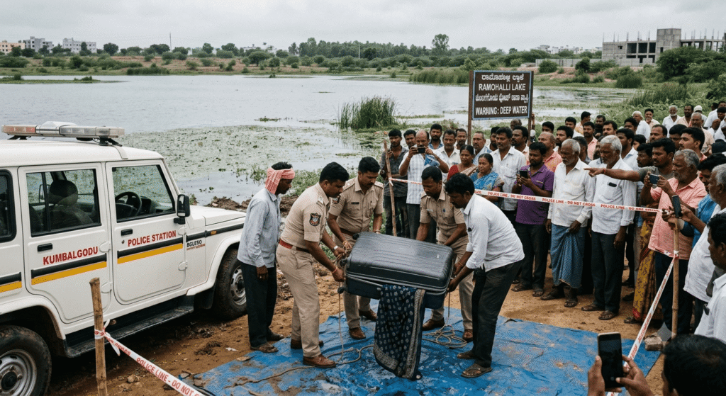 बेंगलुरु रामोहल्ली झील में सूटकेस से मिला 61 वर्षीय जयम्मा का शव, गहने लूटकर हत्या की आशंका बेंगलुरु पुलिस रामोहल्ली झील के किनारे एक सूटकेस को ऊपर उठा रही है, जिसके पास एक पुलिस वाहन और कई ग्रामीण मौजूद हैं।