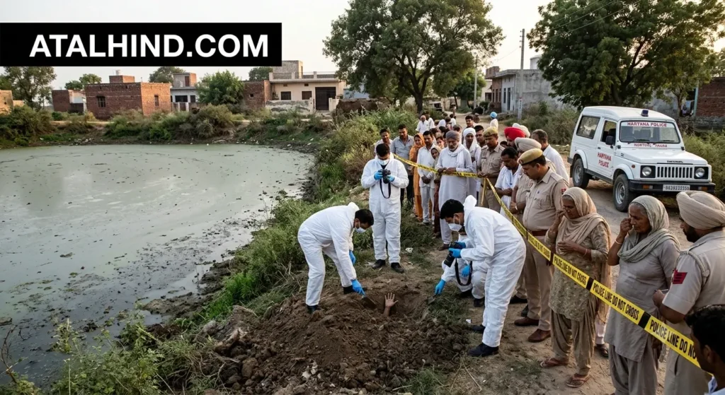 सोनीपत के मलिकपुर में जोहड़ किनारे दबा मिला नाबालिग का शव हरियाणा के सोनीपत के मलिकपुर गाँव में जोहड़ (तालाब) के किनारे मिट्टी में दबे नाबालिग लड़की के शव को बाहर निकालती फॉरेंसिक टीम और पुलिस बल। मौके पर जुटी ग्रामीणों की भीड़ और खड़ी हरियाणा पुलिस की गाड़ी