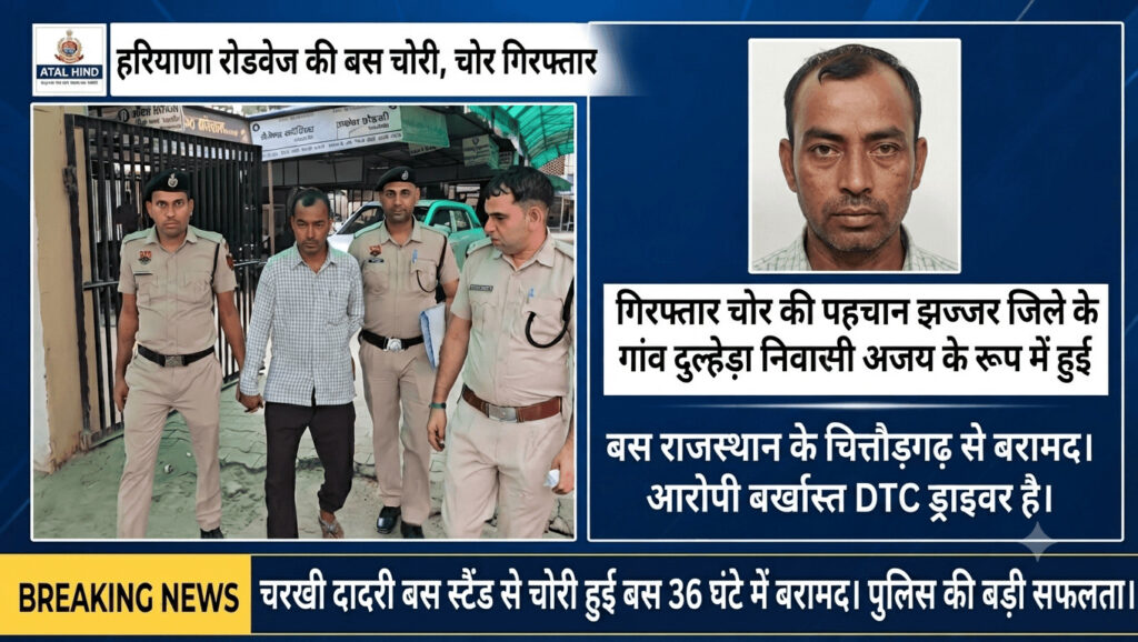 चरखी दादरी से चोरी हुई रोडवेज बस 36 घंटे में राजस्थान से बरामद, बर्खास्त DTC ड्राइवर गिरफ्तार हरियाणा रोडवेज की बस चोरी,चोर गिरफ्तार चोर की पहचान झज्जर जिले के गांव दुल्हेड़ा निवासी अजय के रूप में हुई