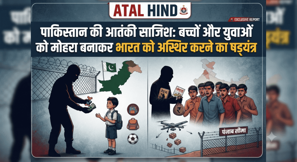यह चित्र पाकिस्तान द्वारा बच्चों और युवाओं को फुसलाकर आतंकवाद में शामिल करने की साजिश को दर्शाता है।
