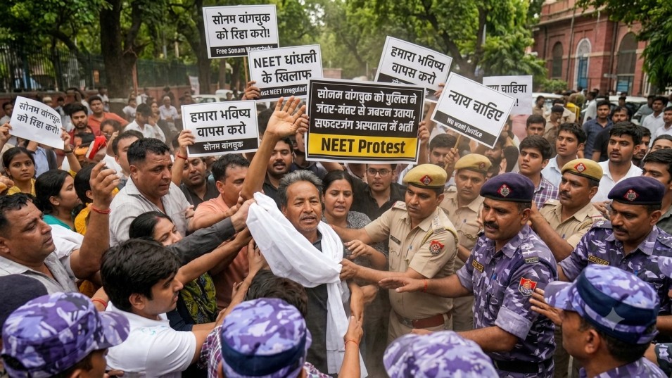 सोनम वांगचुक को पुलिस ने जंतर-मंतर से जबरन उठाया, सफदरजंग अस्पताल में भर्ती | NEET Protest अभिजीत दीपके उस समय टॉयलेट की तरफ गए हुए थे, पुलिस ने उन्हें भी वहीं रोक कर हिरासत में ले लिया