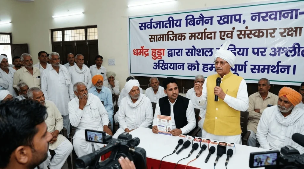 सोशल मीडिया पर अश्लीलता के खिलाफ धर्मेंद्र हुड्डा की मुहिम को मिला बिनैन खाप का समर्थन सर्वजातीय बिनैन खाप के प्रधान रघुवीर नैन तथा खाप के प्रवक्ता संदीप दनौदा ने संयुक्त रूप से कहा कि सोशल मीडिया आज समाज को जोडऩे का एक प्रभावी माध्यम है