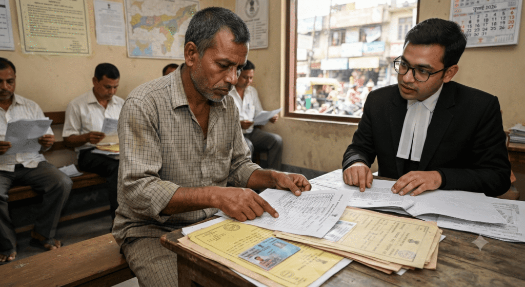 न्यायिक और कानूनी परिवेश: फोटो में एक व्यक्ति को एक वकील के साथ कानूनी दस्तावेज़ों की समीक्षा करते हुए दिखाया गया है, जो एक कानूनी कार्यालय या विदेशी न्यायाधिकरण (फॉरेनर्स ट्रिब्यूनल) के माहौल को दर्शाता है।
