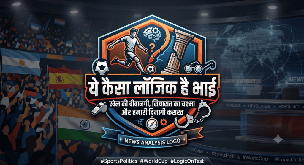 ये कैसा लॉजिक है भाई" और उपशीर्षक है—"खेल की दीवानगी, सियासत का चश्मा और हमारी दिमागी कसरत"। केंद्र में एक स्टाइलिश शील्ड (Shield) है जिसके भीतर एक फुटबॉल खिलाड़ी, प्रश्न चिह्न के साथ दिमाग का ग्राफिक (दिमागी कसरत का प्रतीक), एक क्लासिक टूटा हुआ स्तंभ और चश्मा दर्शाया गया है। शील्ड के निचले हिस्से में एक सीटी, कंपास, गियर और हथकड़ी के आइकॉन बने हैं। पृष्ठभूमि (Background) में बाईं ओर दर्शकों से भरा एक खेल स्टेडियम है जिसमें भारत, स्पेन और अर्जेंटीना के झंडे लहरा रहे हैं, जबकि दाईं ओर एक आधुनिक न्यूज़ स्टूडियो और वैश्विक मानचित्र का बैकड्रॉप है। सबसे नीचे एक रिबन पर 'NEWS ANALYSIS LOGO' और सोशल मीडिया हैशटैग्स (#SportsPolitics, #WorldCup, #LogicOnTest) लिखे हैं।
