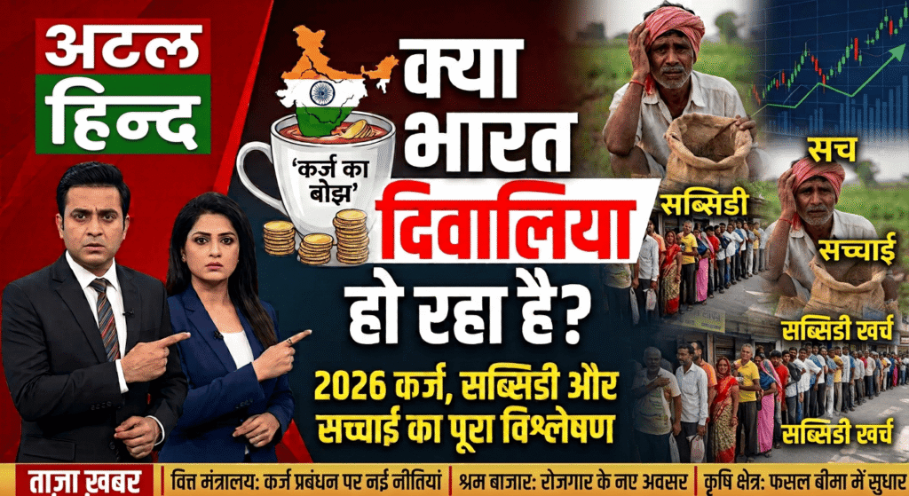 क्या भारत दिवालिया हो रहा है? भारतीय अर्थव्यवस्था का कड़वा सच अटल हिन्द न्यूज़ ब्यूरो विशेष रिपोर्ट: क्या भारत दिवालिया हो रहा है? 2026 में भारत सरकार पर कर्ज, सब्सिडी और देश की जीडीपी अर्थव्यवस्था का पूरा कड़वा और निष्पक्ष सच विश्लेषणात्मक ग्राफिक बैनर।