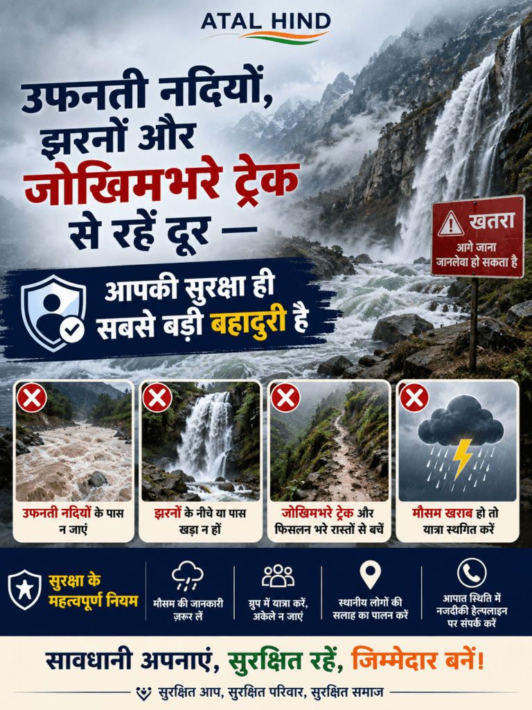 मानसून में ट्रेकिंग और नदी-झरनों का खतरा युवाओं के लिए जरूरी सुरक्षा संदेश उफनती नदियों, झरनों और जोखिमभरे ट्रेक से रहें दूर — आपकी सुरक्षा ही सबसे बड़ी बहादुरी है