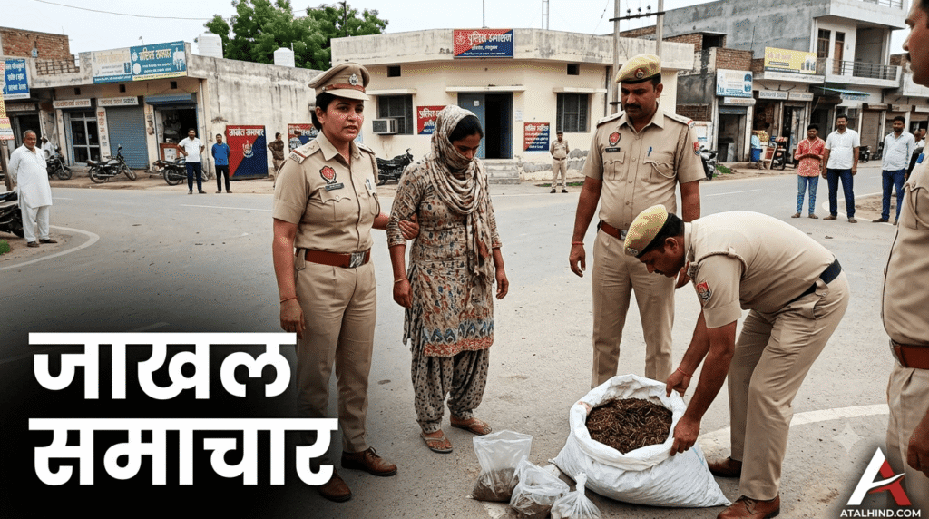 जाखल में 8 किलो डोडा पोस्त के साथ पंजाब की महिला तस्कर गिरफ्तार, जाखल पुलिस की बड़ी कार्रवाई यह इमेज जाखल में हुई पुलिस कार्रवाई के दृश्य को दर्शाती है। इसमें पुलिस अधिकारी और एक महिला दिखाई दे रहे हैं। पुलिस ने महिला को काबू किया है और उसके पास से भारी मात्रा में डोडा चूरा पोस्त बरामद हुआ है, जिसे एक बोरी में दिखाया गया है। इमेज पर जाखल समाचार और ATALHIND.COM टेक्स्ट भी लिखा है, जो खबर की पुष्टि करता है।