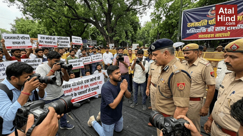 दिल्ली पुलिस प्रदर्शन: घुटनों पर युवा, पासपोर्ट रद्द का खौफ और सच! दिल्ली पुलिस प्रदर्शन के दौरान पुलिस अधिकारी के सामने हाथ जोड़कर खड़ा युवा