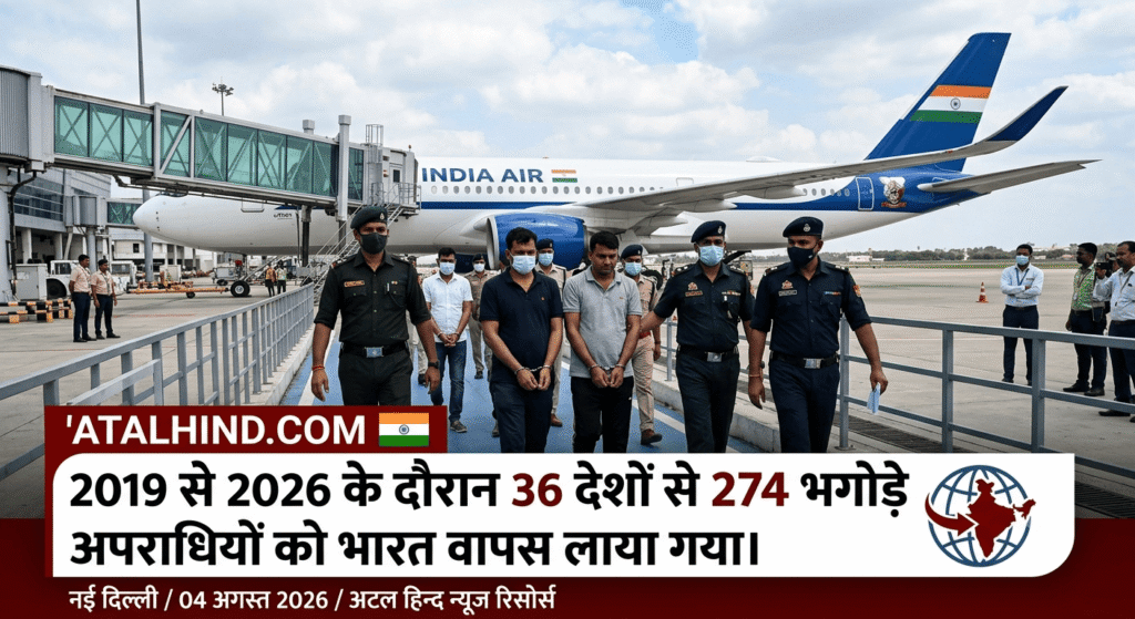 2019 से 2026 तक 36 देशों से 274 भगोड़े अपराधियों को भारत वापस लाया गया 2019 से 2026 के दौरान 36 देशों से 274 भगोड़े अपराधियों को भारत लाये जाने का दृश्य दिखाता यह AI से बनाया कलात्मक फोटो